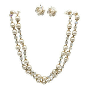 Japan Acrylic Pearl Crystal Bead Necklace Gold Toned Cluster Clip Earrings Set